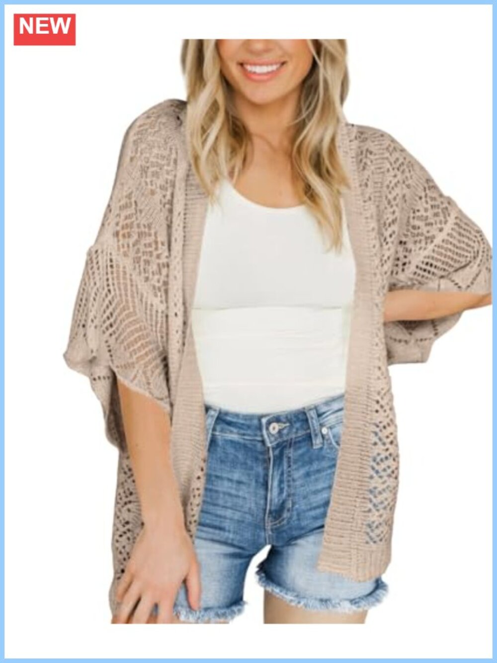 Womens Lightweight Crochet Summer Cardigan 3/4 Sleeve Open Front Boho